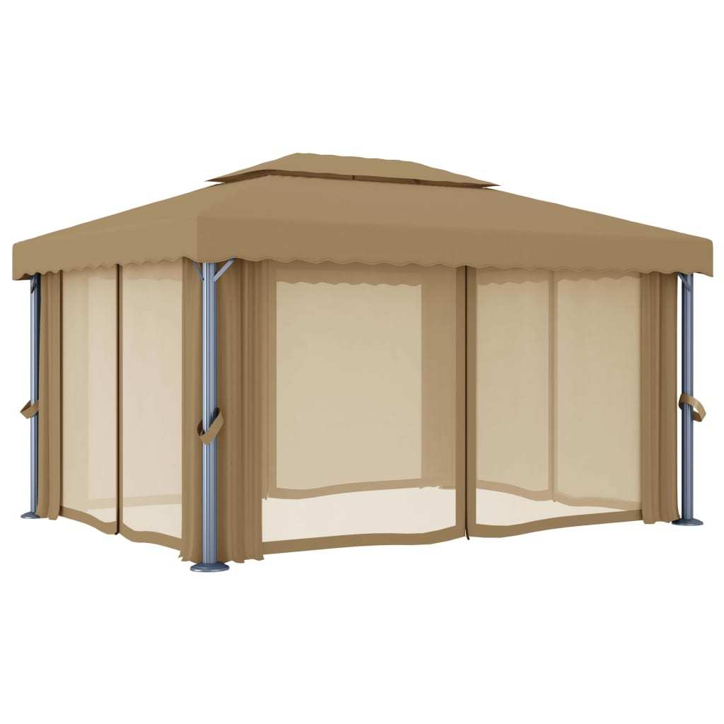 “Gazebo with Curtains – Taupe Aluminum Frame”