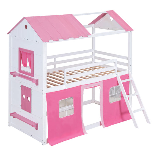 “Twin Size Bunk House Bed with Windows, Sills, and Tent in Pink & White”